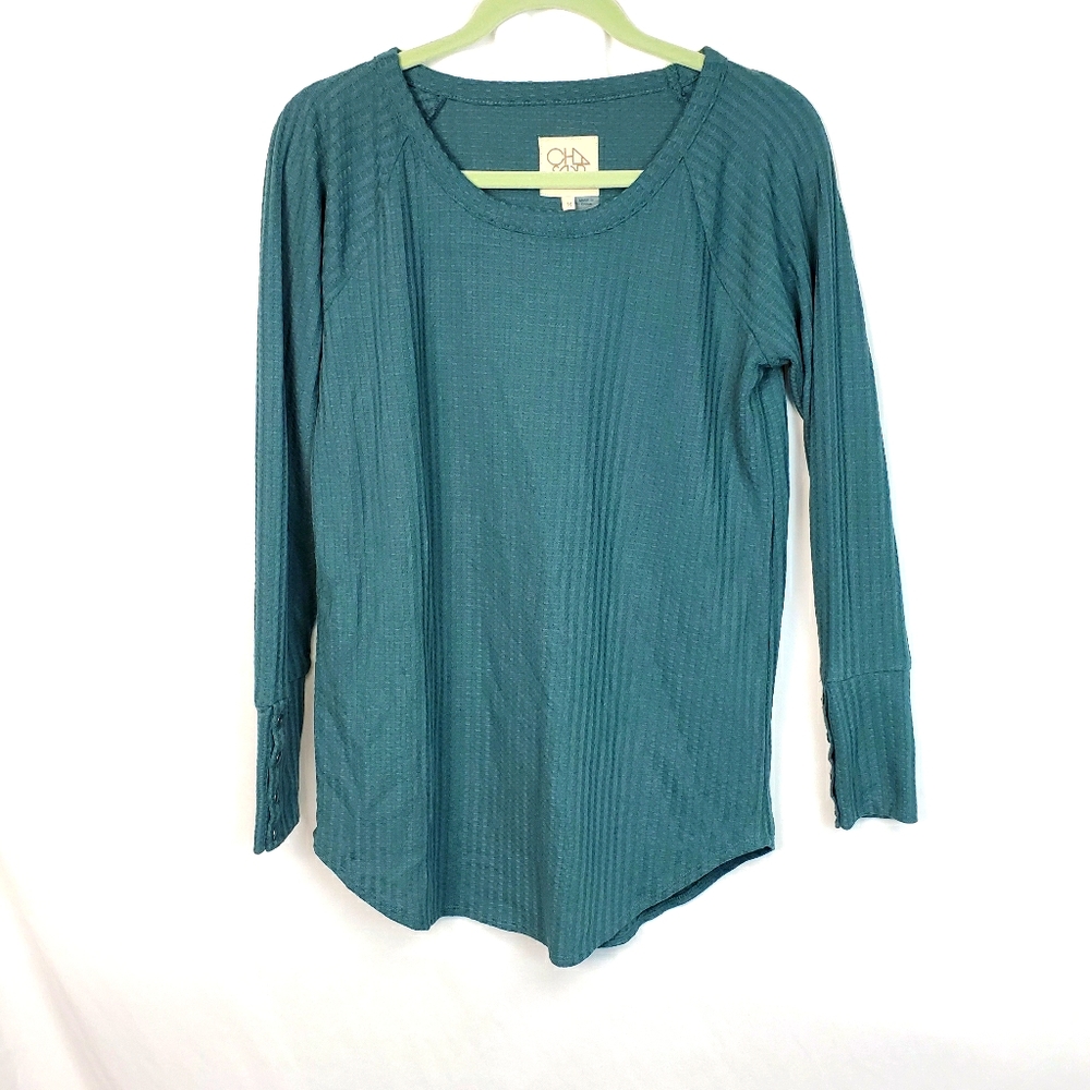 Chaser teal waffle knit button sleeve top